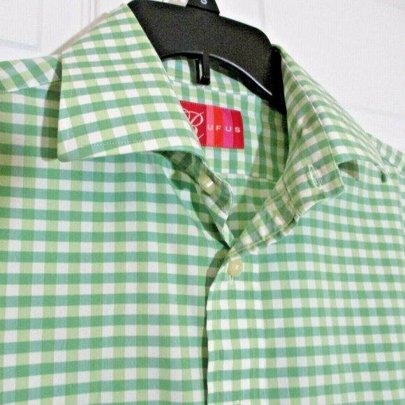 Rufus Button Front Shirt sz M Green Gingham Contrast Cuffs 100% Cotton USA - Picture 3 of 14